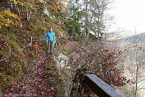 mit Drahtseil und Brücke gesicherter Felsenweg beim Wasserfelsen